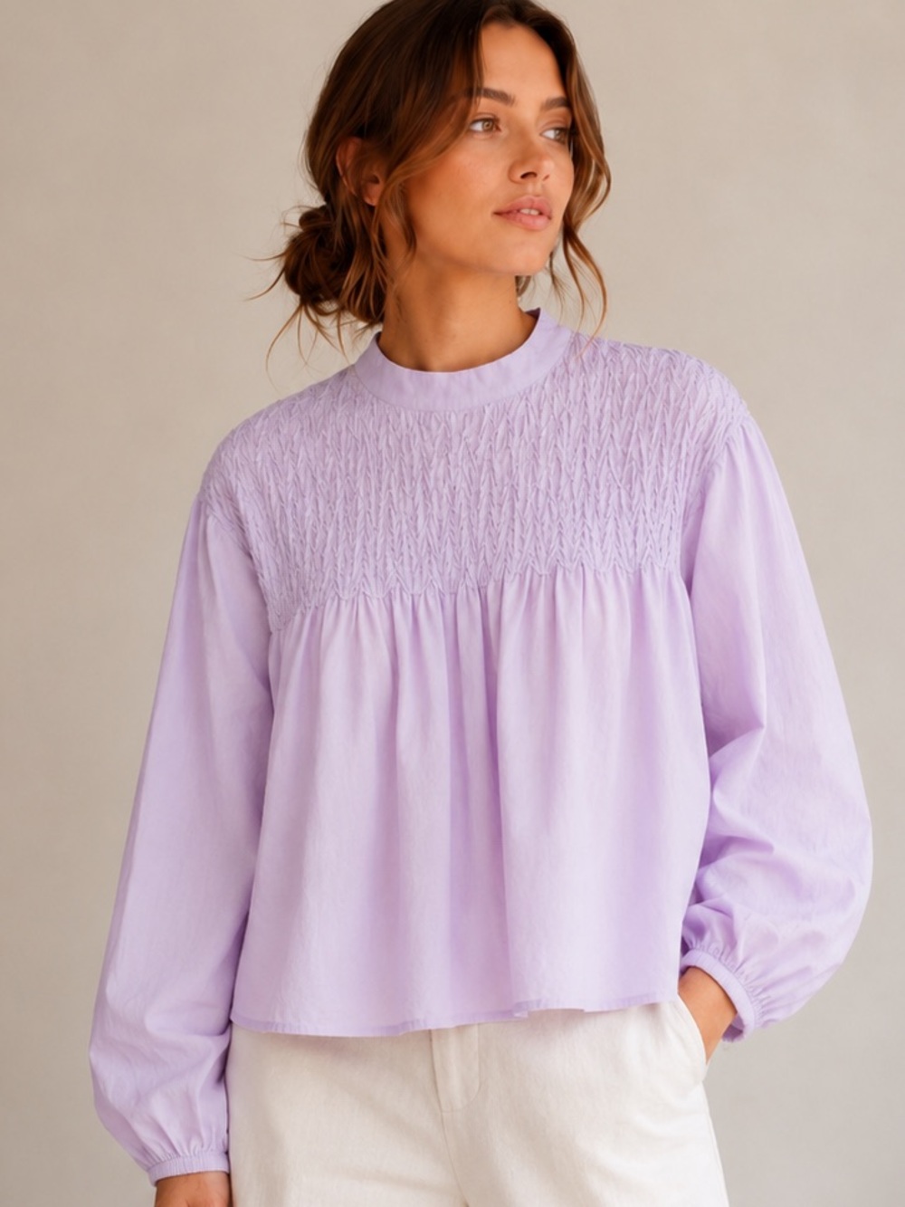 Merlette Majorelle Lavendar Top w/signature hand-smocked yoke & mock neck